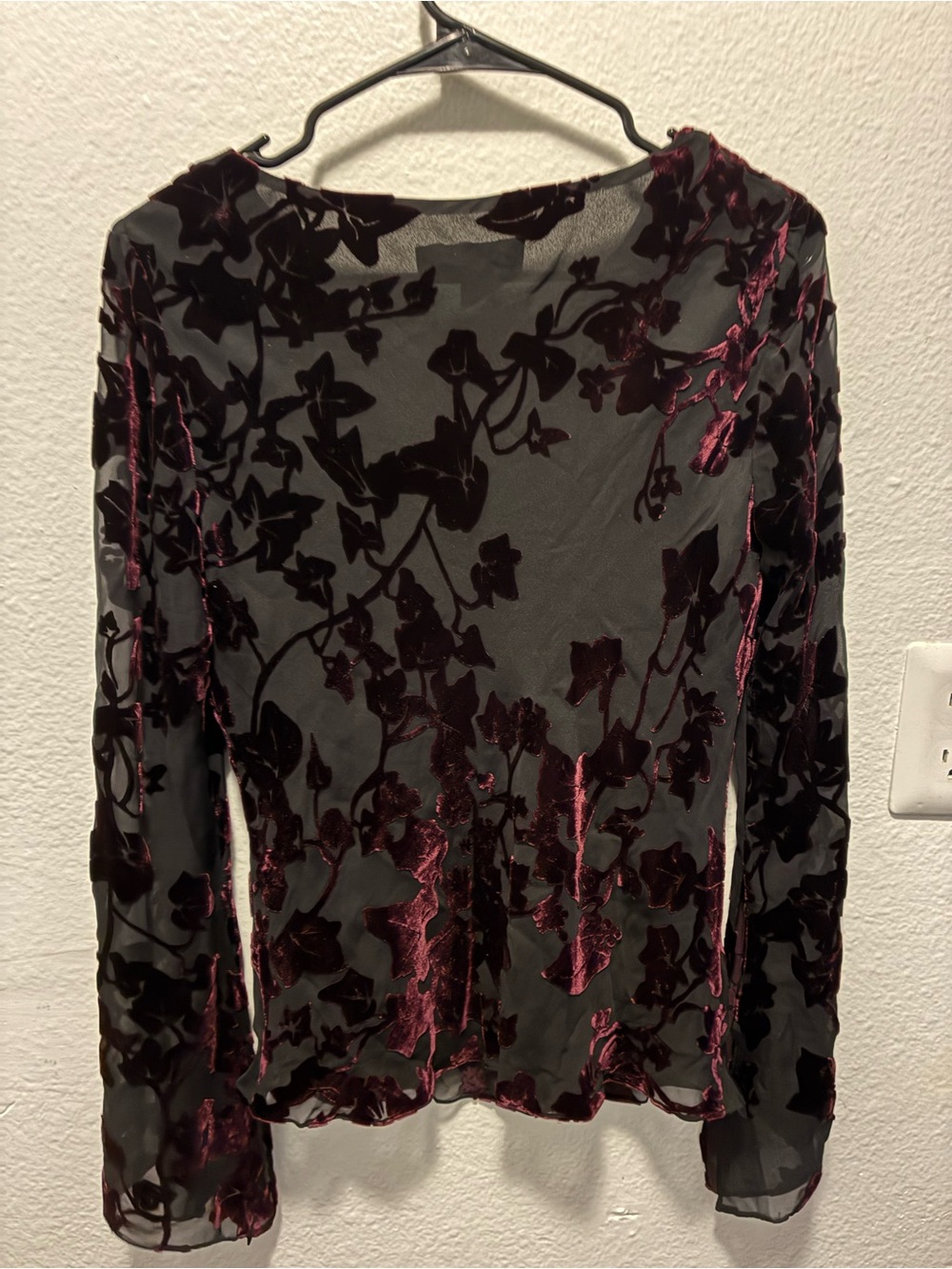 Adrianna Papell Black Top with Deep Burgundy Velvet Floral Burnout Silk Blend - Picture 5 of 5